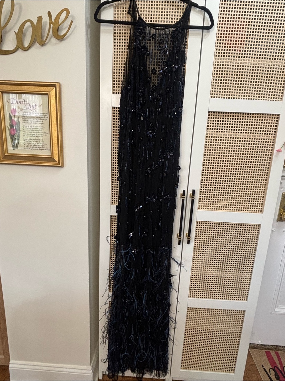 Elie Tahari Black Beaded Fringe Evening Gown
